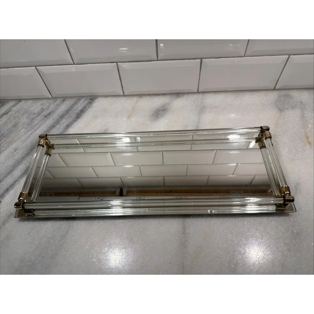 MCM Beveled Mirror & Lucite Rods Dresser Vanity Tray Rare Size ES005